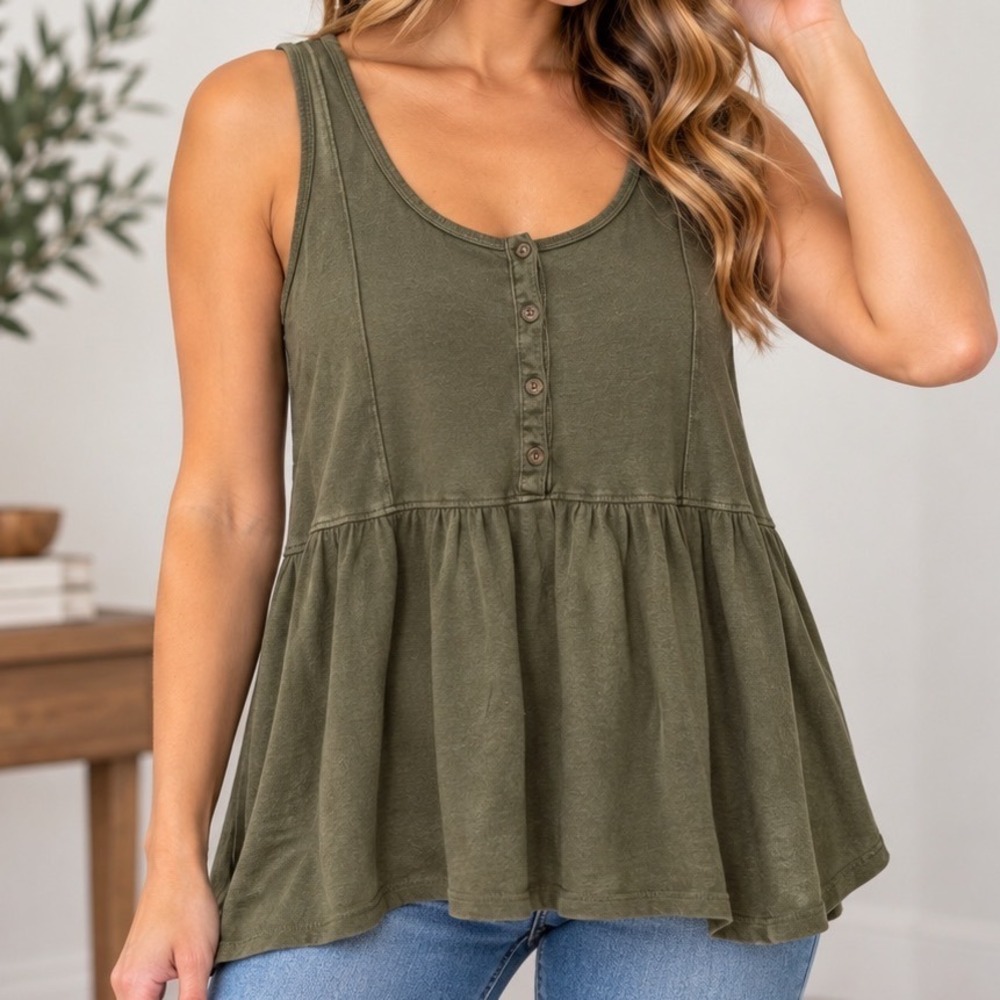 Sonoma Goods For Life XL Olive Green Soft Girl Babydoll Tank Button Front Earthy